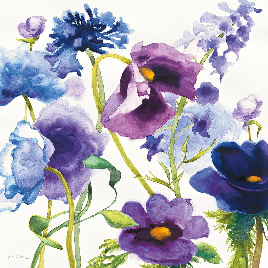 Blue and Purple Mixed Garden I by Shirley Novak. SKU 14584a. Archival Giclee Fine art print for wall decor.