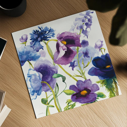 Blue and Purple Mixed Garden I by Shirley Novak. Shown as a detailed flat fine art print, highlighting archival giclee quality. Available as an archival giclee rolled canvas, fine art paper, or poster print. SKU 14584a.