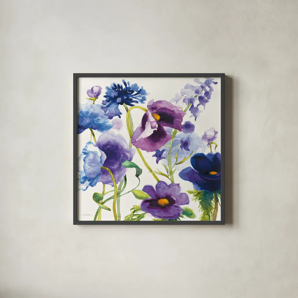 Blue and Purple Mixed Garden I by Shirley Novak. Shown in a sleek black glass frame for a contemporary gallery look. Available as an archival giclee rolled canvas, fine art paper, or poster print. SKU 14584a.
