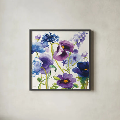 Blue and Purple Mixed Garden I by Shirley Novak. Shown in a sleek black glass frame for a contemporary gallery look. Available as an archival giclee rolled canvas, fine art paper, or poster print. SKU 14584a.
