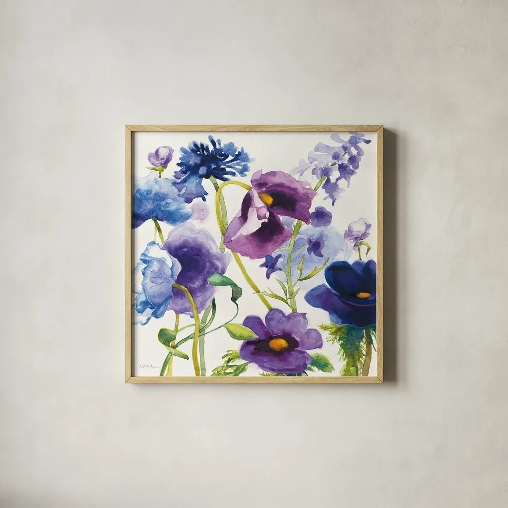 Blue and Purple Mixed Garden I by Shirley Novak. Shown in a natural wood glass frame for a timeless modern aesthetic. Available as an archival giclee rolled canvas, fine art paper, or poster print. SKU 14584a.