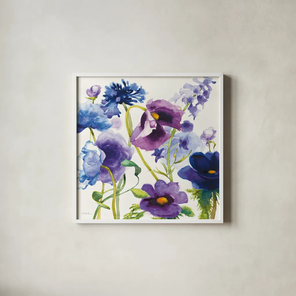 Blue and Purple Mixed Garden I by Shirley Novak. Shown in a crisp white glass frame for a clean and minimalist style. Available as an archival giclee rolled canvas, fine art paper, or poster print. SKU 14584a.