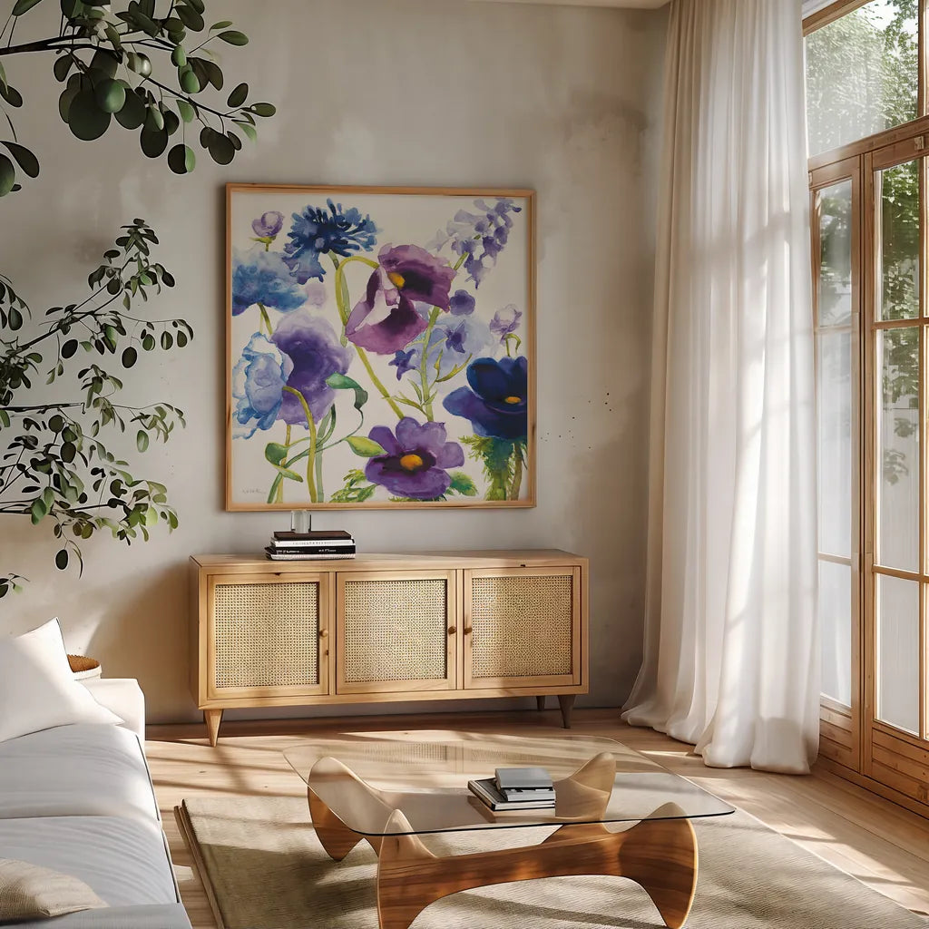 Blue and Purple Mixed Garden I by Shirley Novak. Shown in a natural wood frame in a cozy modern living room. Available as an archival giclee rolled canvas, fine art paper, or poster print. SKU 14584a.