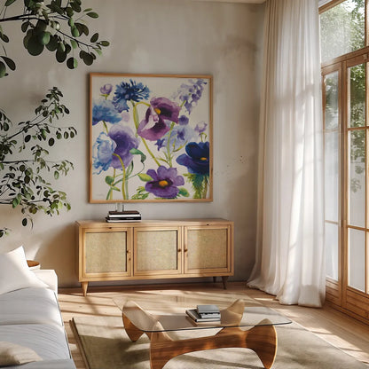 Blue and Purple Mixed Garden I by Shirley Novak. Shown in a natural wood frame in a cozy modern living room. Available as an archival giclee rolled canvas, fine art paper, or poster print. SKU 14584a.