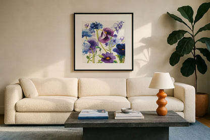 Blue and Purple Mixed Garden I by Shirley Novak. Displayed in a glass frame with matte in a clean modern living room. Available as an archival giclee rolled canvas, fine art paper, or poster print. SKU 14584a.