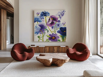 Blue and Purple Mixed Garden I by Shirley Novak. Shown as extra-large giant wall art in a modern living room. Available as an archival giclee rolled canvas, fine art paper, or poster print. SKU 14584a.