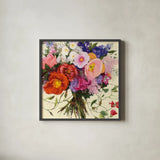 Bouquet de Printemps by Shirley Novak. Shown in a sleek black glass frame for a contemporary gallery look. Available as an archival giclee rolled canvas, fine art paper, or poster print. SKU 31259a.