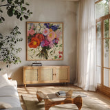 Bouquet de Printemps by Shirley Novak. Shown in a natural wood frame in a cozy modern living room. Available as an archival giclee rolled canvas, fine art paper, or poster print. SKU 31259a.