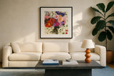 Bouquet de Printemps by Shirley Novak. Displayed in a glass frame with matte in a clean modern living room. Available as an archival giclee rolled canvas, fine art paper, or poster print. SKU 31259a.