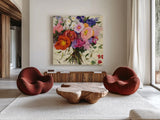 Bouquet de Printemps by Shirley Novak. Shown as extra-large giant wall art in a modern living room. Available as an archival giclee rolled canvas, fine art paper, or poster print. SKU 31259a.