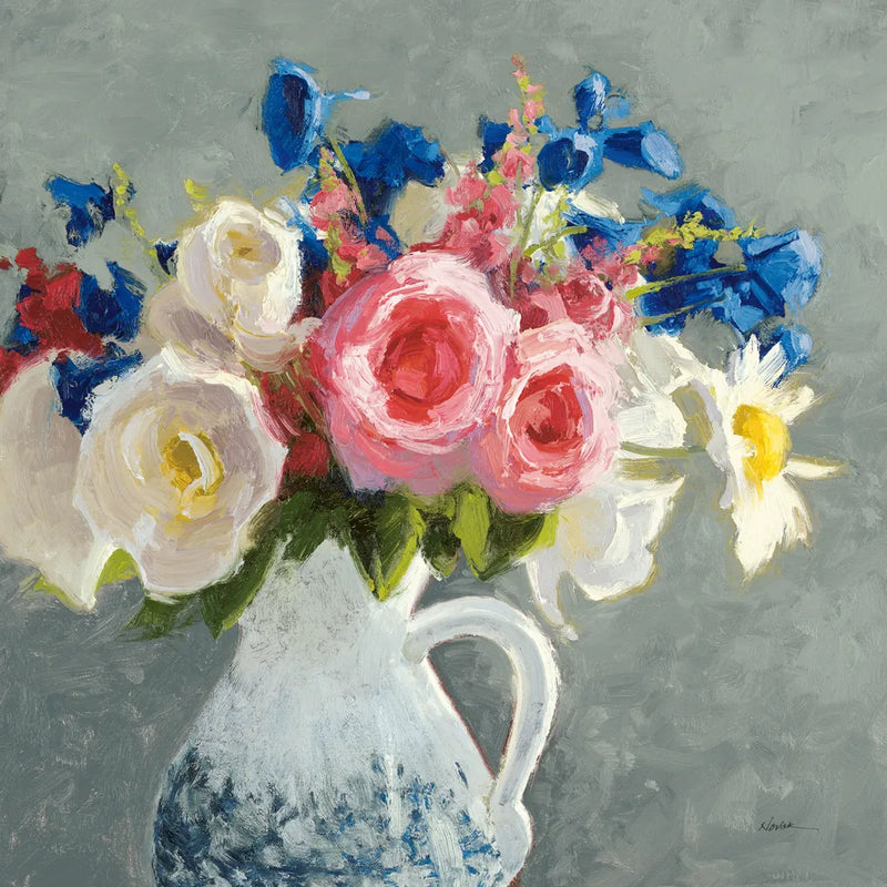 Bouquet in Spanish Jug I Gray by Shirley Novak. SKU 84281a. Archival Giclee Fine art print for wall decor.