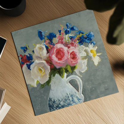 Bouquet in Spanish Jug I Gray by Shirley Novak. Shown as a detailed flat fine art print, highlighting archival giclee quality. Available as an archival giclee rolled canvas, fine art paper, or poster print. SKU 84281a.
