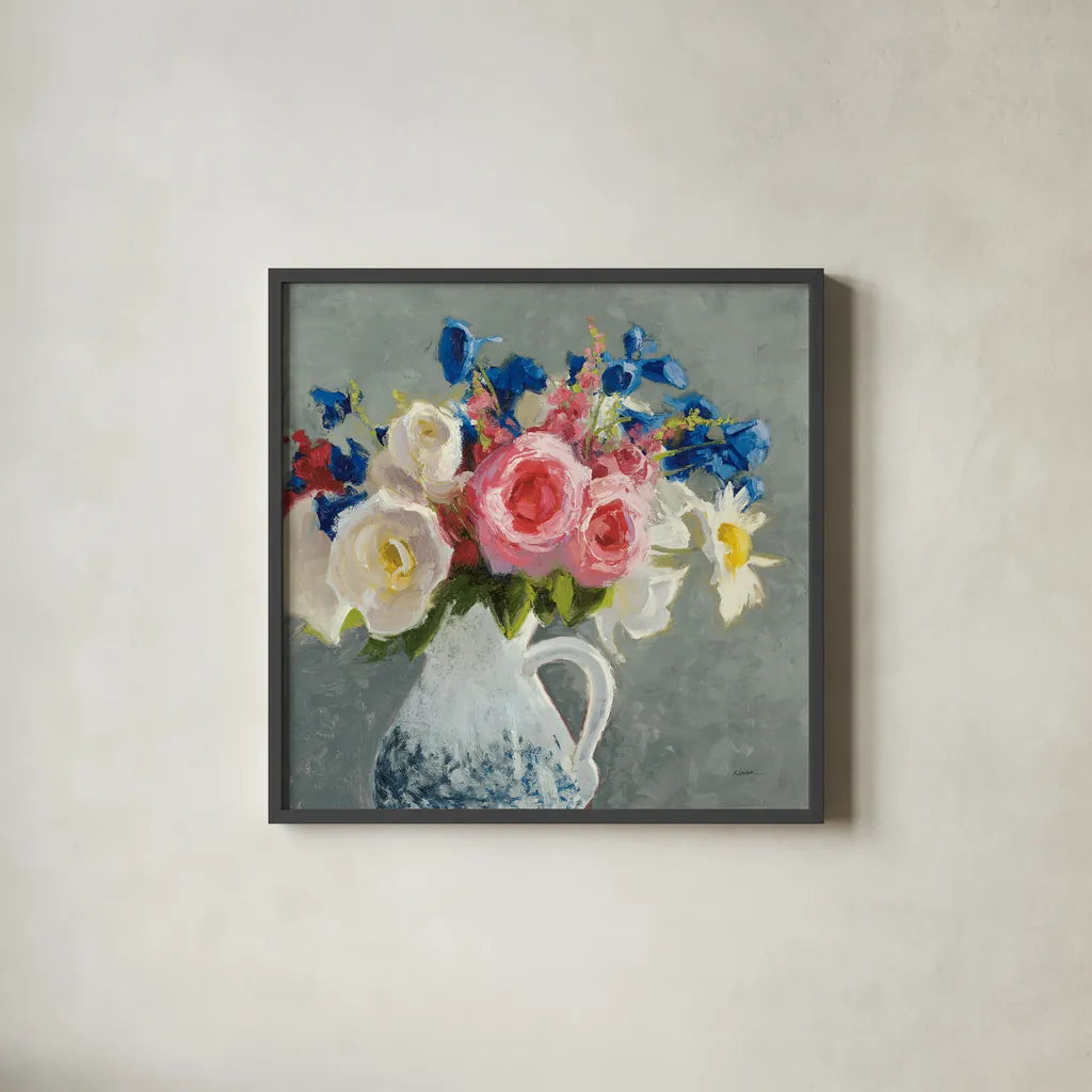 Bouquet in Spanish Jug I Gray by Shirley Novak. Shown in a sleek black glass frame for a contemporary gallery look. Available as an archival giclee rolled canvas, fine art paper, or poster print. SKU 84281a.