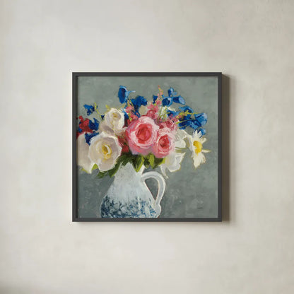 Bouquet in Spanish Jug I Gray by Shirley Novak. Shown in a sleek black glass frame for a contemporary gallery look. Available as an archival giclee rolled canvas, fine art paper, or poster print. SKU 84281a.