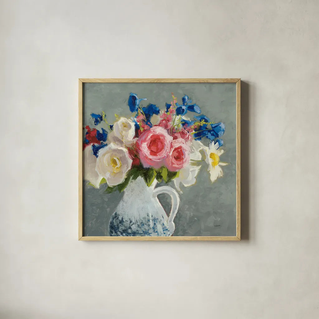 Bouquet in Spanish Jug I Gray by Shirley Novak. Shown in a natural wood glass frame for a timeless modern aesthetic. Available as an archival giclee rolled canvas, fine art paper, or poster print. SKU 84281a.