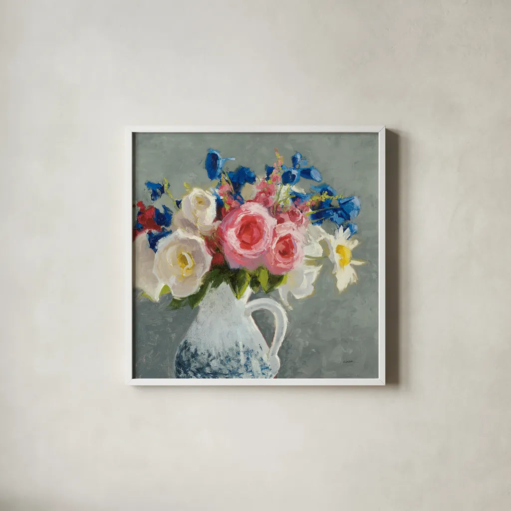 Bouquet in Spanish Jug I Gray by Shirley Novak. Shown in a crisp white glass frame for a clean and minimalist style. Available as an archival giclee rolled canvas, fine art paper, or poster print. SKU 84281a.