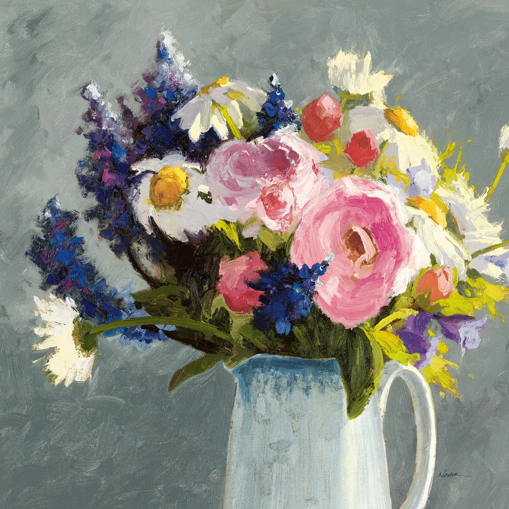 Bouquet in Spanish Jug II Gray by Shirley Novak. SKU 84282a. Archival Giclee Fine art print for wall decor.