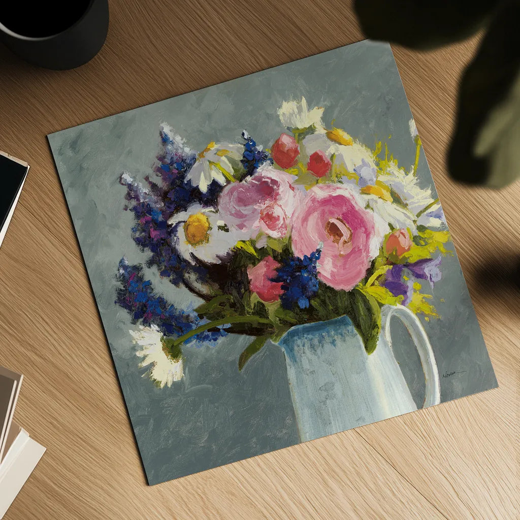 Bouquet in Spanish Jug II Gray by Shirley Novak. Shown as a detailed flat fine art print, highlighting archival giclee quality. Available as an archival giclee rolled canvas, fine art paper, or poster print. SKU 84282a.