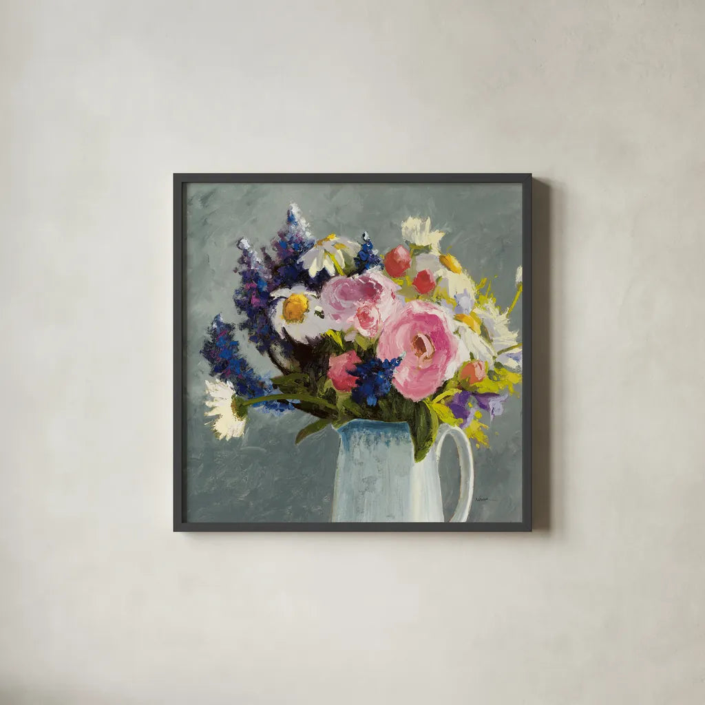 Bouquet in Spanish Jug II Gray by Shirley Novak. Shown in a sleek black glass frame for a contemporary gallery look. Available as an archival giclee rolled canvas, fine art paper, or poster print. SKU 84282a.