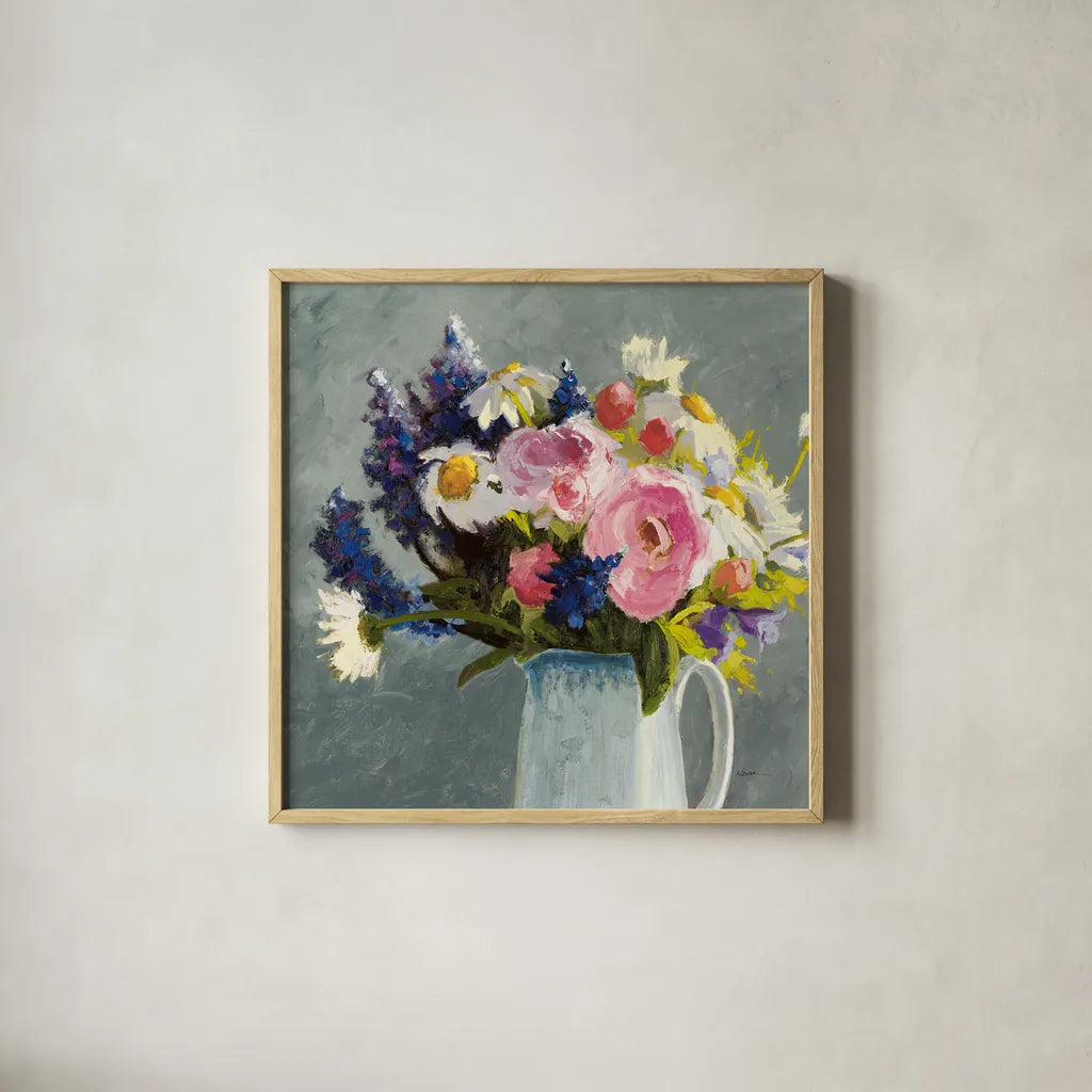 Bouquet in Spanish Jug II Gray by Shirley Novak. Shown in a natural wood glass frame for a timeless modern aesthetic. Available as an archival giclee rolled canvas, fine art paper, or poster print. SKU 84282a.