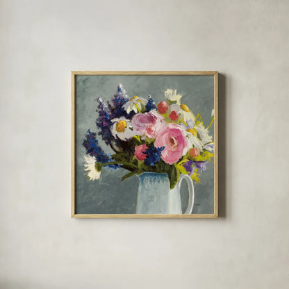 Bouquet in Spanish Jug II Gray by Shirley Novak. Shown in a natural wood glass frame for a timeless modern aesthetic. Available as an archival giclee rolled canvas, fine art paper, or poster print. SKU 84282a.