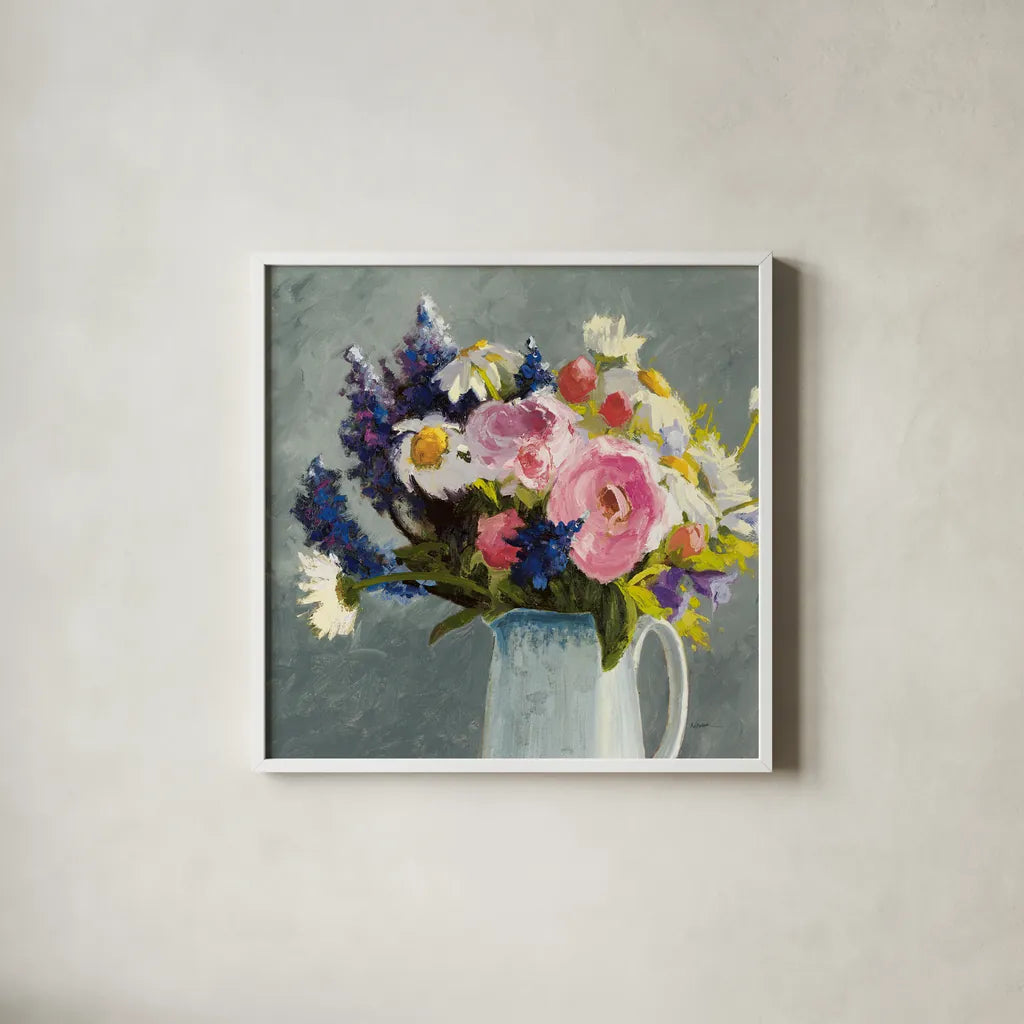 Bouquet in Spanish Jug II Gray by Shirley Novak. Shown in a crisp white glass frame for a clean and minimalist style. Available as an archival giclee rolled canvas, fine art paper, or poster print. SKU 84282a.