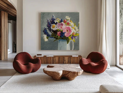 Bouquet in Spanish Jug II Gray by Shirley Novak. Shown as extra-large giant wall art in a modern living room. Available as an archival giclee rolled canvas, fine art paper, or poster print. SKU 84282a.