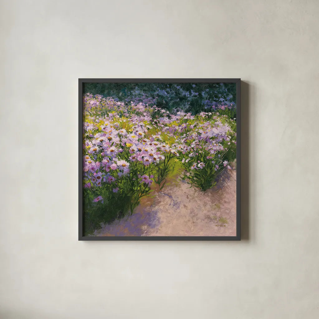 Buckhorn Aster Show by Shirley Novak. Shown in a sleek black glass frame for a contemporary gallery look. Available as an archival giclee rolled canvas, fine art paper, or poster print. SKU 27548a.