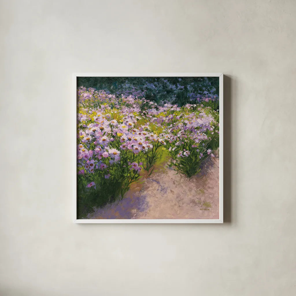 Buckhorn Aster Show by Shirley Novak. Shown in a crisp white glass frame for a clean and minimalist style. Available as an archival giclee rolled canvas, fine art paper, or poster print. SKU 27548a.