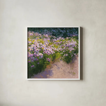 Buckhorn Aster Show by Shirley Novak. Shown in a crisp white glass frame for a clean and minimalist style. Available as an archival giclee rolled canvas, fine art paper, or poster print. SKU 27548a.
