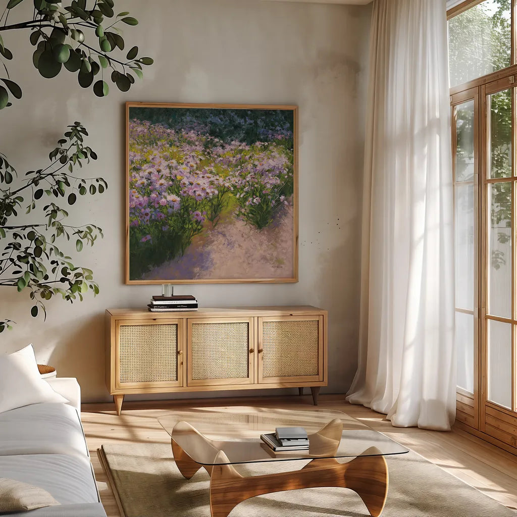 Buckhorn Aster Show by Shirley Novak. Shown in a natural wood frame in a cozy modern living room. Available as an archival giclee rolled canvas, fine art paper, or poster print. SKU 27548a.