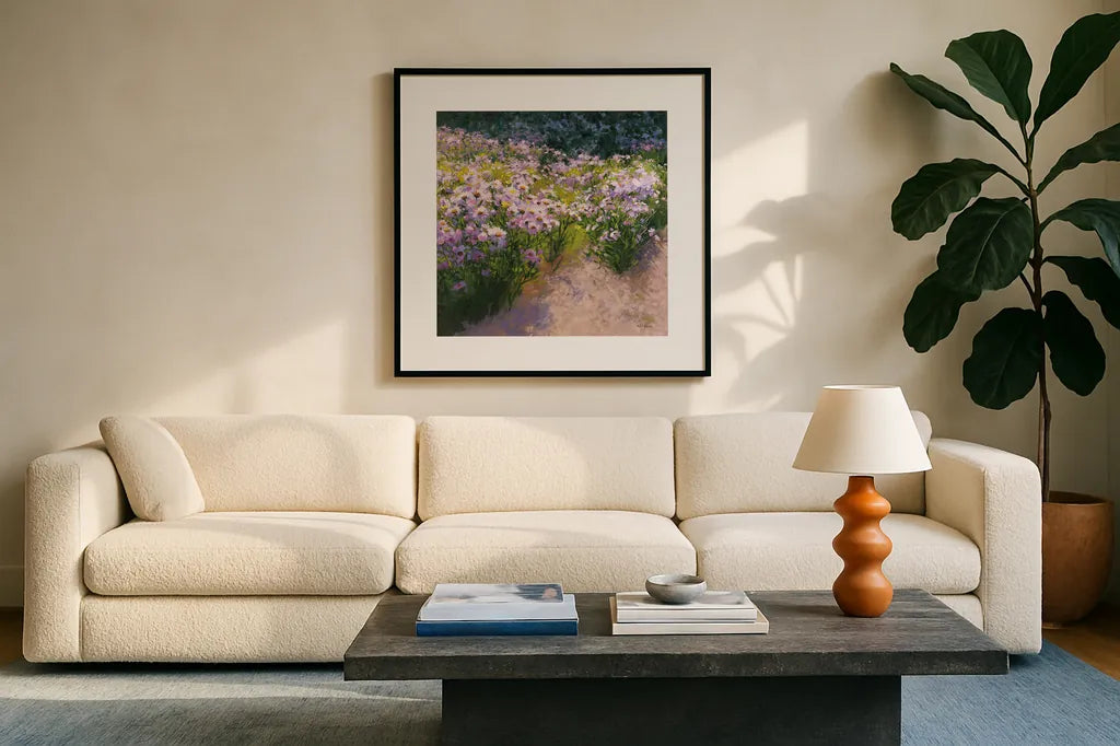Buckhorn Aster Show by Shirley Novak. Displayed in a glass frame with matte in a clean modern living room. Available as an archival giclee rolled canvas, fine art paper, or poster print. SKU 27548a.
