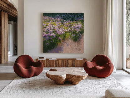Buckhorn Aster Show by Shirley Novak. Shown as extra-large giant wall art in a modern living room. Available as an archival giclee rolled canvas, fine art paper, or poster print. SKU 27548a.