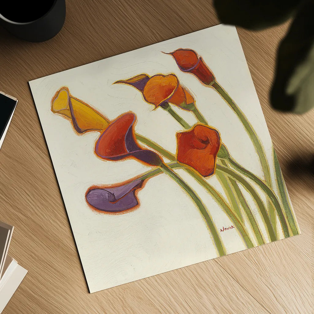 Callas in the Wind II by Shirley Novak. Shown as a detailed flat fine art print, highlighting archival giclee quality. Available as an archival giclee rolled canvas, fine art paper, or poster print. SKU 2694a.