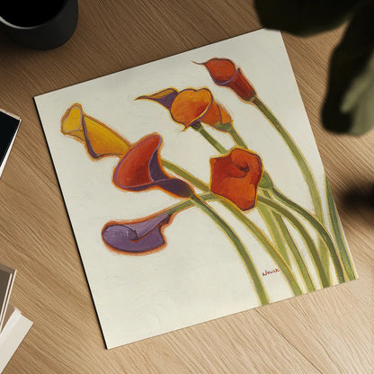 Callas in the Wind II by Shirley Novak. Shown as a detailed flat fine art print, highlighting archival giclee quality. Available as an archival giclee rolled canvas, fine art paper, or poster print. SKU 2694a.