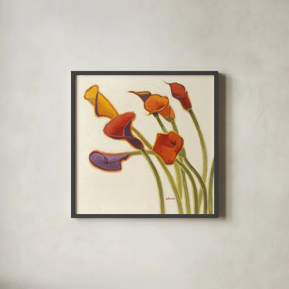 Callas in the Wind II by Shirley Novak. Shown in a sleek black glass frame for a contemporary gallery look. Available as an archival giclee rolled canvas, fine art paper, or poster print. SKU 2694a.