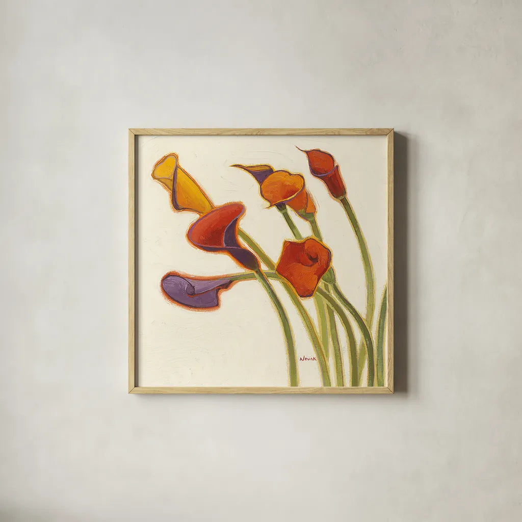Callas in the Wind II by Shirley Novak. Shown in a natural wood glass frame for a timeless modern aesthetic. Available as an archival giclee rolled canvas, fine art paper, or poster print. SKU 2694a.