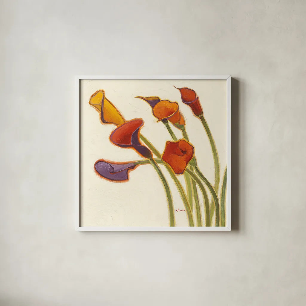 Callas in the Wind II by Shirley Novak. Shown in a crisp white glass frame for a clean and minimalist style. Available as an archival giclee rolled canvas, fine art paper, or poster print. SKU 2694a.