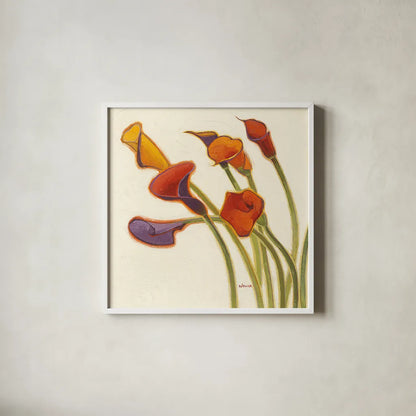 Callas in the Wind II by Shirley Novak. Shown in a crisp white glass frame for a clean and minimalist style. Available as an archival giclee rolled canvas, fine art paper, or poster print. SKU 2694a.