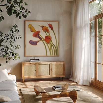 Callas in the Wind II by Shirley Novak. Shown in a natural wood frame in a cozy modern living room. Available as an archival giclee rolled canvas, fine art paper, or poster print. SKU 2694a.