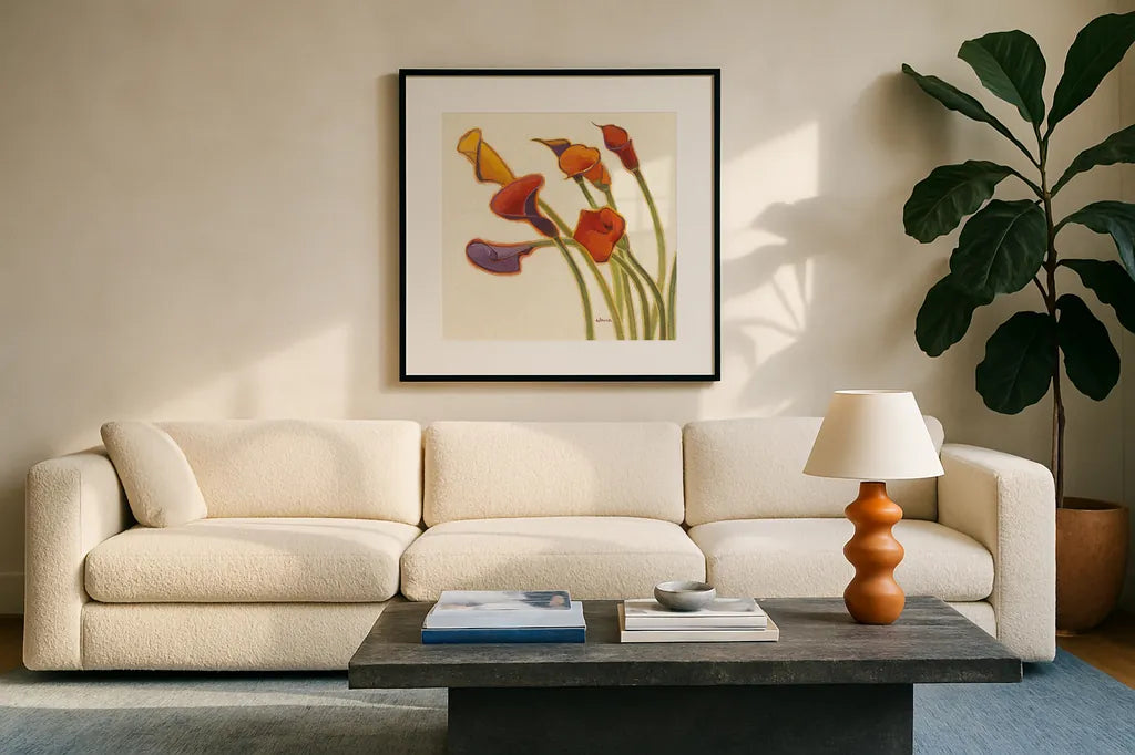 Callas in the Wind II by Shirley Novak. Displayed in a glass frame with matte in a clean modern living room. Available as an archival giclee rolled canvas, fine art paper, or poster print. SKU 2694a.