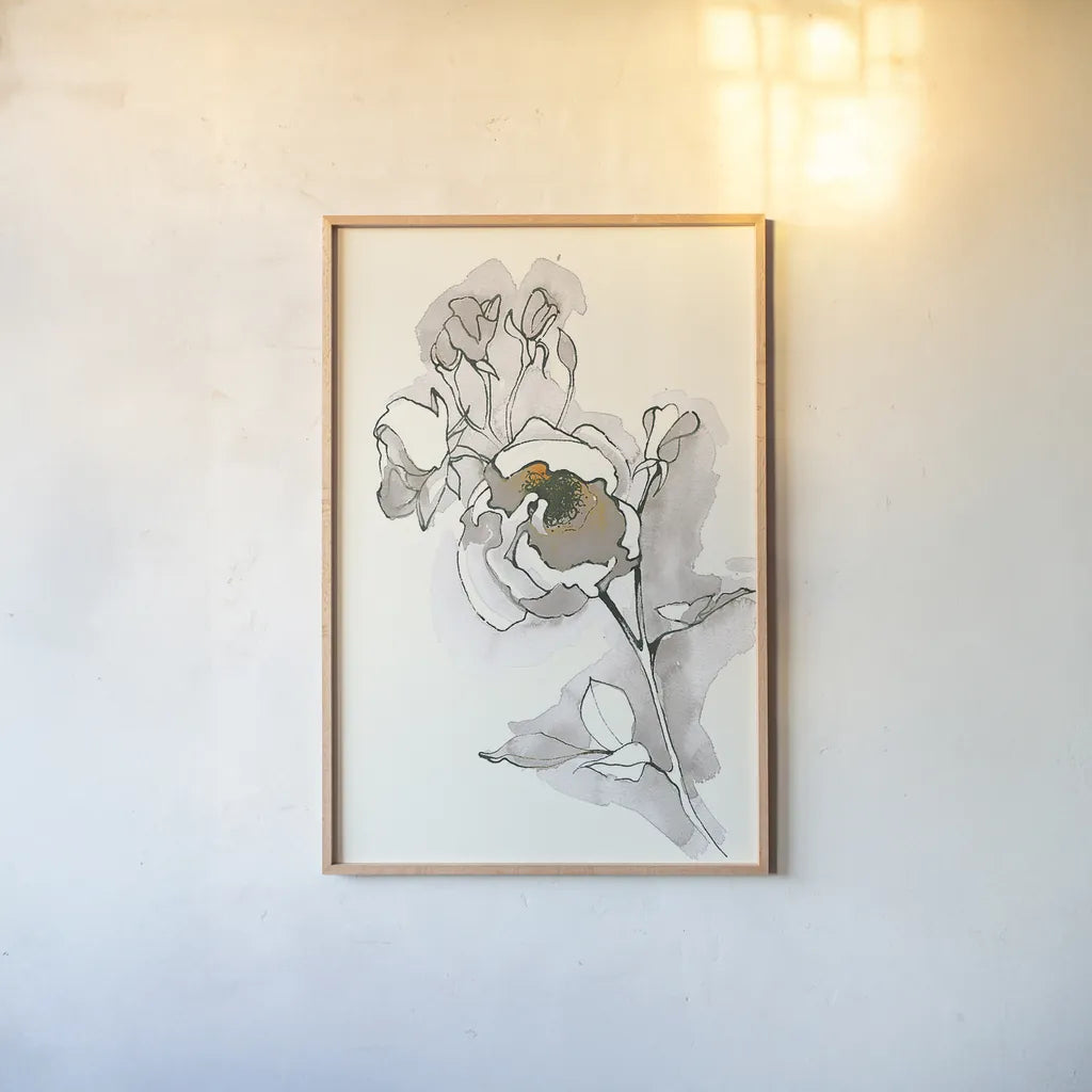 Carols Roses IV Tan by Shirley Novak. shown as a paper print in a natural frame. Available as a archival giclee rolled canvas, fine art paper, or poster print. SKU 28709h.