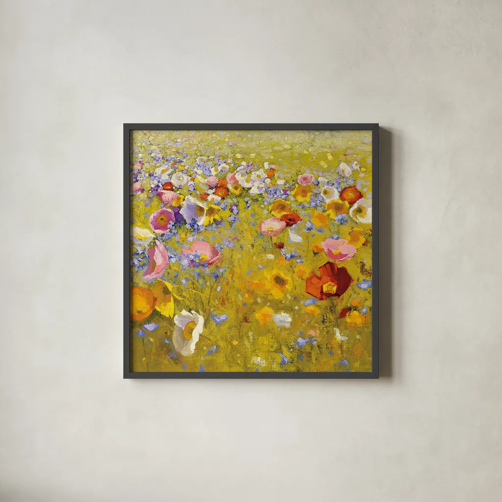 Champ de Fleur I by Shirley Novak. Shown in a sleek black glass frame for a contemporary gallery look. Available as an archival giclee rolled canvas, fine art paper, or poster print. SKU 22127a.