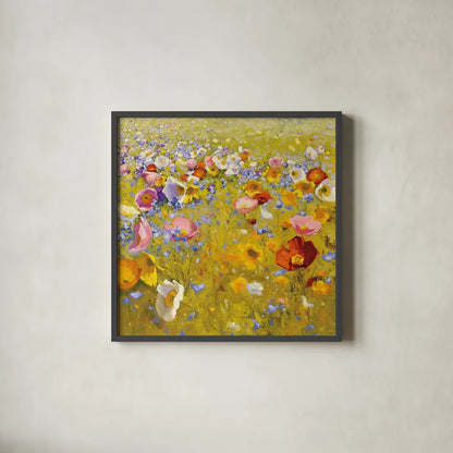 Champ de Fleur I by Shirley Novak. Shown in a sleek black glass frame for a contemporary gallery look. Available as an archival giclee rolled canvas, fine art paper, or poster print. SKU 22127a.