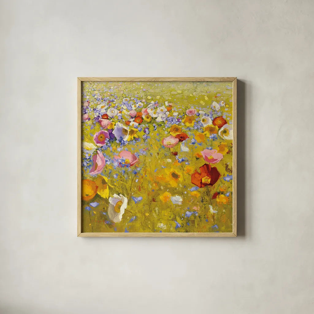 Champ de Fleur I by Shirley Novak. Shown in a natural wood glass frame for a timeless modern aesthetic. Available as an archival giclee rolled canvas, fine art paper, or poster print. SKU 22127a.