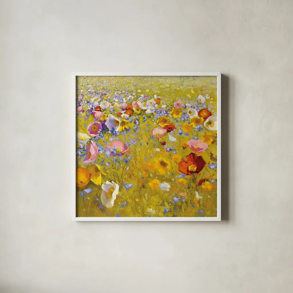 Champ de Fleur I by Shirley Novak. Shown in a crisp white glass frame for a clean and minimalist style. Available as an archival giclee rolled canvas, fine art paper, or poster print. SKU 22127a.