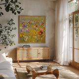 Champ de Fleur I by Shirley Novak. Shown in a natural wood frame in a cozy modern living room. Available as an archival giclee rolled canvas, fine art paper, or poster print. SKU 22127a.