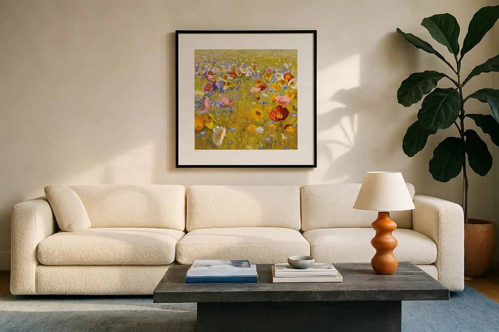Champ de Fleur I by Shirley Novak. Displayed in a glass frame with matte in a clean modern living room. Available as an archival giclee rolled canvas, fine art paper, or poster print. SKU 22127a.