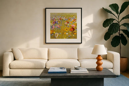 Champ de Fleur I by Shirley Novak. Displayed in a glass frame with matte in a clean modern living room. Available as an archival giclee rolled canvas, fine art paper, or poster print. SKU 22127a.