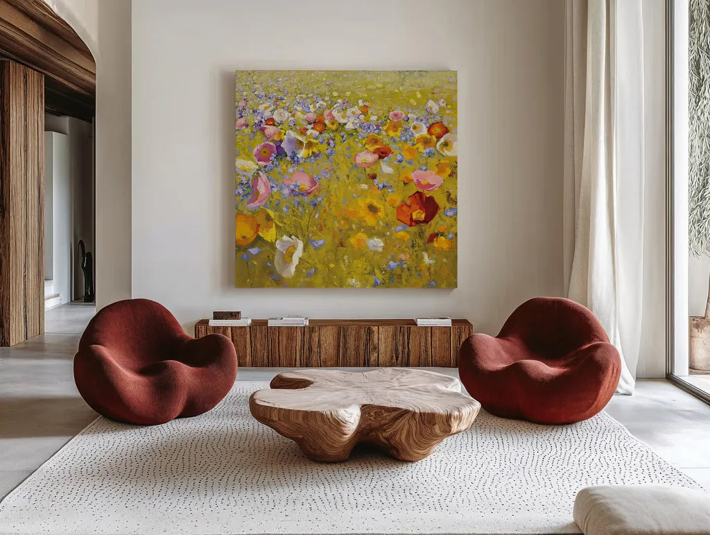 Champ de Fleur I by Shirley Novak. Shown as extra-large giant wall art in a modern living room. Available as an archival giclee rolled canvas, fine art paper, or poster print. SKU 22127a.
